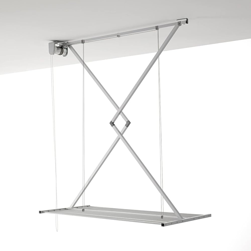 foxydry Mini, Ceiling Mounted Clothes Drying Rack, Pulley Clothesline, Vertical Folding Laundry Drying Rack (150 cm / 59.05 in, Grey)