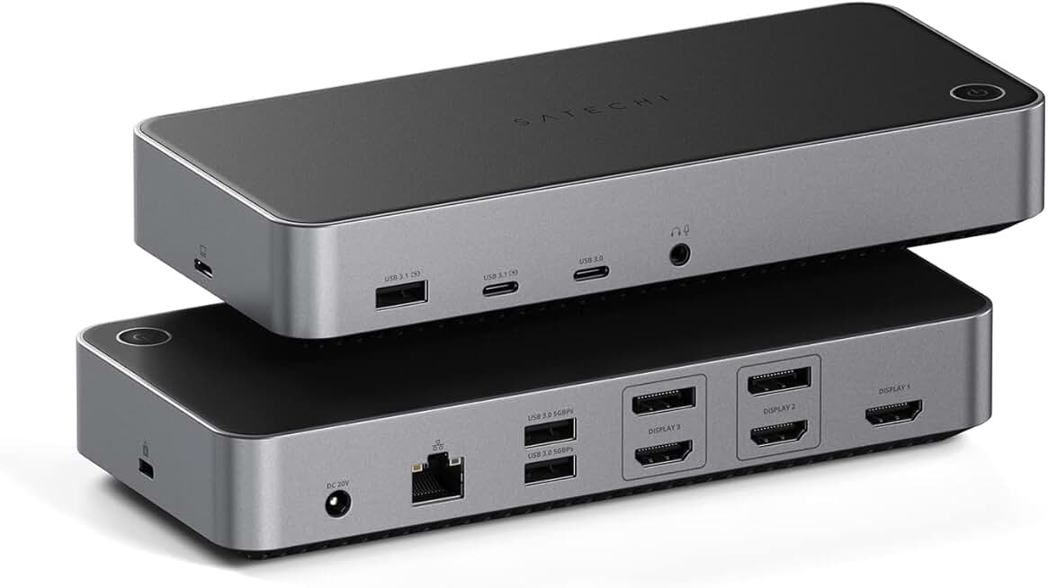 Satechi Triple 4K Docking Station, USB C Docking Station 14 in 1, with 100W PD, 2 DisplayPort, 3 HDMI, 4 USB C, USB-A, Gigabit Ethernet, and Audio Jack for MacBook, Windows