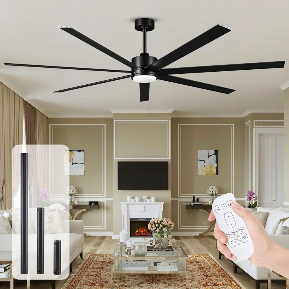 72 Inch Outdoor Ceiling Fans for Patios with Light and Remote, Large Modern Black Industrial Ceiling Fan with Light 7 Aluminium Blade Quiet Reversible DC Motor, for Porch Shop Garage, Indoor/Exterior