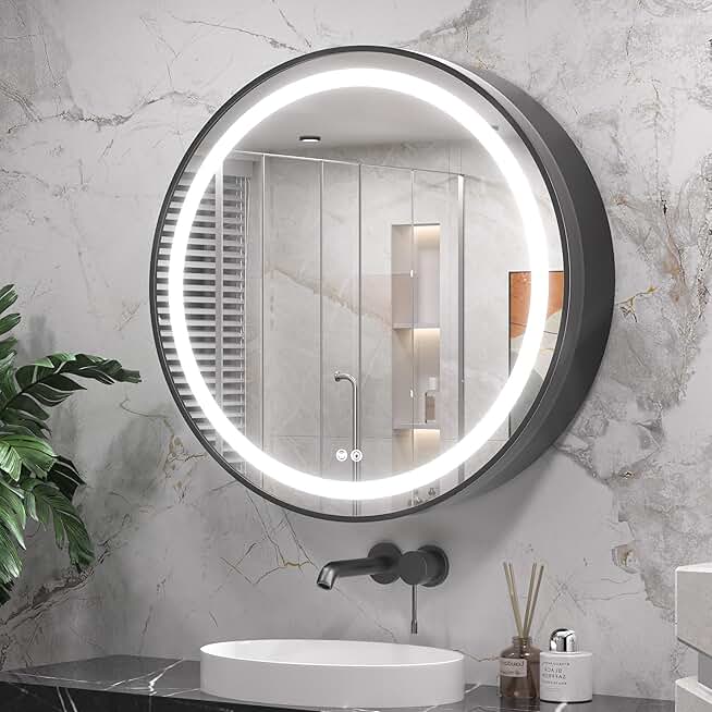 Keonjinn 28 In Black Round LED Medicine Cabinet Mirror for Bathroom with Electrical Outlet Surface Mount Only Anti-Fog 3 Color Lights Circle Metal Framed Lighted Vanity Makeup Bath Mirror with Storage