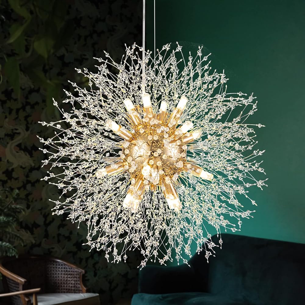 Modern Crystal Chandeliers Firework, Crystal Light Fixture, Dandelion Chandelier (16-Light, Gold) for Foyer Hallway Entryway Kitchen Bedroom