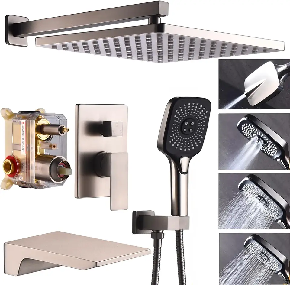 Shower System with Tub Spout 10 Inch Overhead Shower 4 Setting Handheld Spray Rough In Pressure Balance Valve Body with Trim Kit Wall Mounted Rainfall Bathtub Shower Faucet Set (Brushed Nickel)
