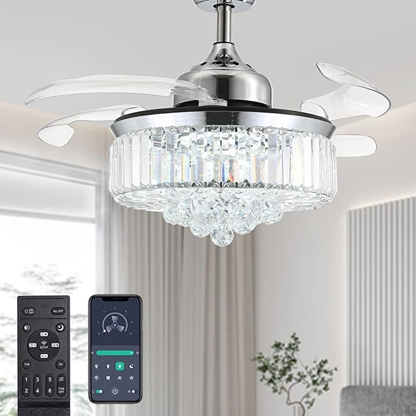 Moooni Dimmable Fandelier Crystal Ceiling Fans with Lights and Remote Modern Invisible Retractable Chandelier Fan LED Ceiling Fan Light Kit -Polished Chrome 36 Inches