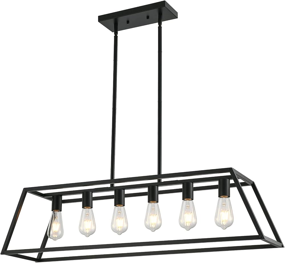 Farmhouse Chandelier Rectangle Black 6 Light Dining Room Lighting Fixtures Hanging,kitchen lighting Pendant Lights Contemporary Modern Ceiling Light Living Room Foyer Bar