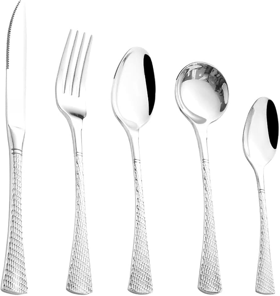 Premium 18/10 Hammered Silverware Set 60-Piece Stainless Steel Flatware Set for 12,Food-Grade Tableware Cutlery Utensil Sets for Home Restaurant Mirror Finish, Dishwasher Safe