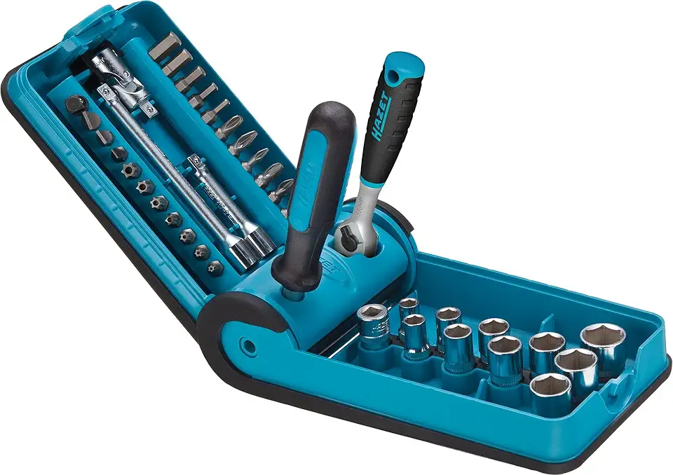 Hazet HiPer 863HP Fine Tooth Reversible Ratchet Set and 1/4 Inch Socket Handle, 10 Sockets, 21 Bits, Various Extensions and Adaptors 856-1HP, Black/Blue