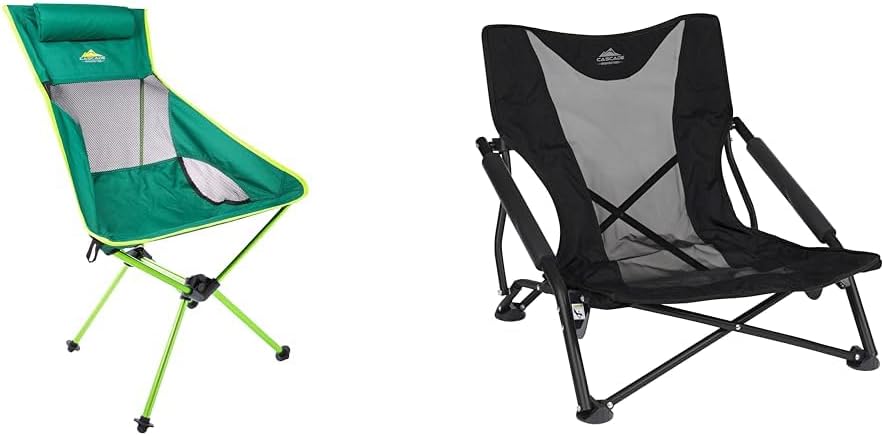 Cascade Mountain Tech Camping Chairs 2-Pack - High Back Chair with Headrest and Low Profile Folding Chair