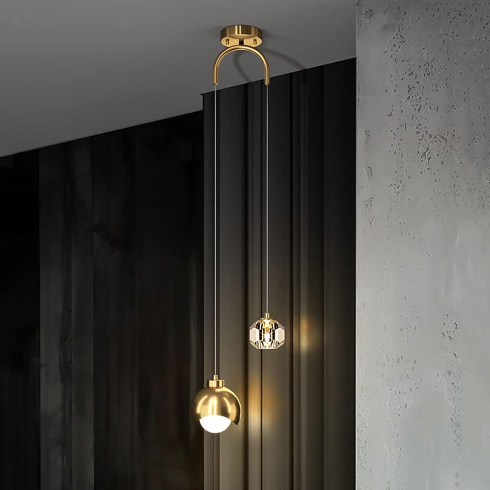 Crystal Pendant Light Copper Ceiling Hanging Lamp LED Small Chandelier, Modern Kitchen Island Lighting Fixture, 3 Color Mode Suspension Lamps for Kitchen Room Bedroom