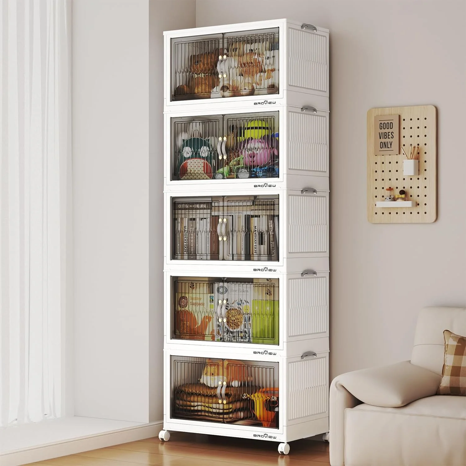 5 Pack 30 Gallon Large Storage Bins, Organizers Collapsible Storage Bins with Lid and Wheel, Plastic Stackable Storage Containers with Double Doors, Foldable Storage Box Cube for Home Dorm