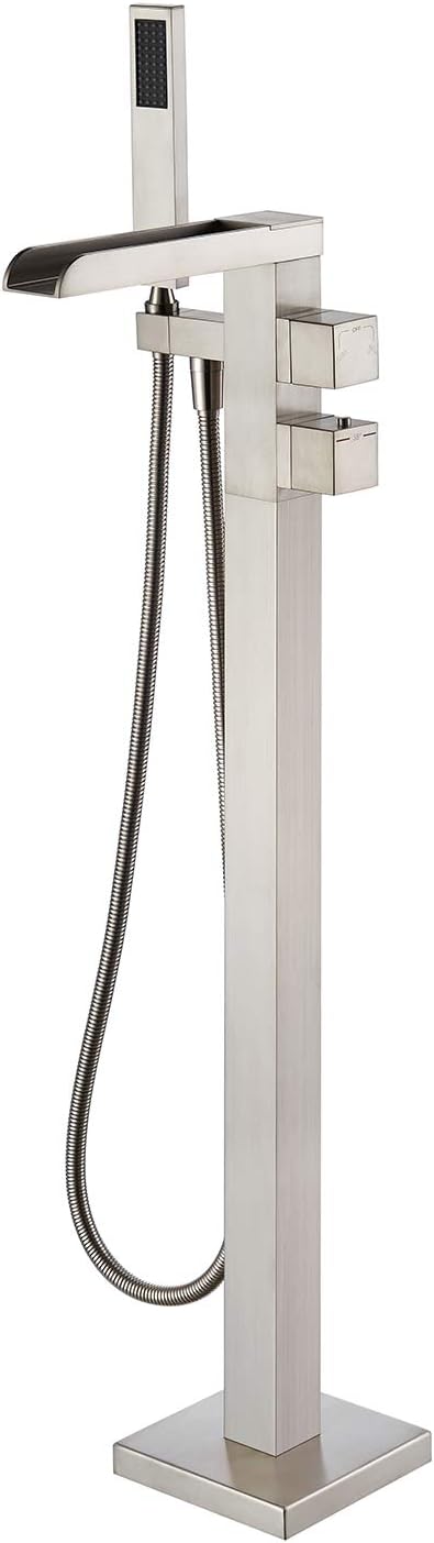 Thermostatic Freestanding Bathtub Faucet Waterfall Tub Filler Brushed Nickel Floor Mount Brass Bathroom Faucets with Hand Shower