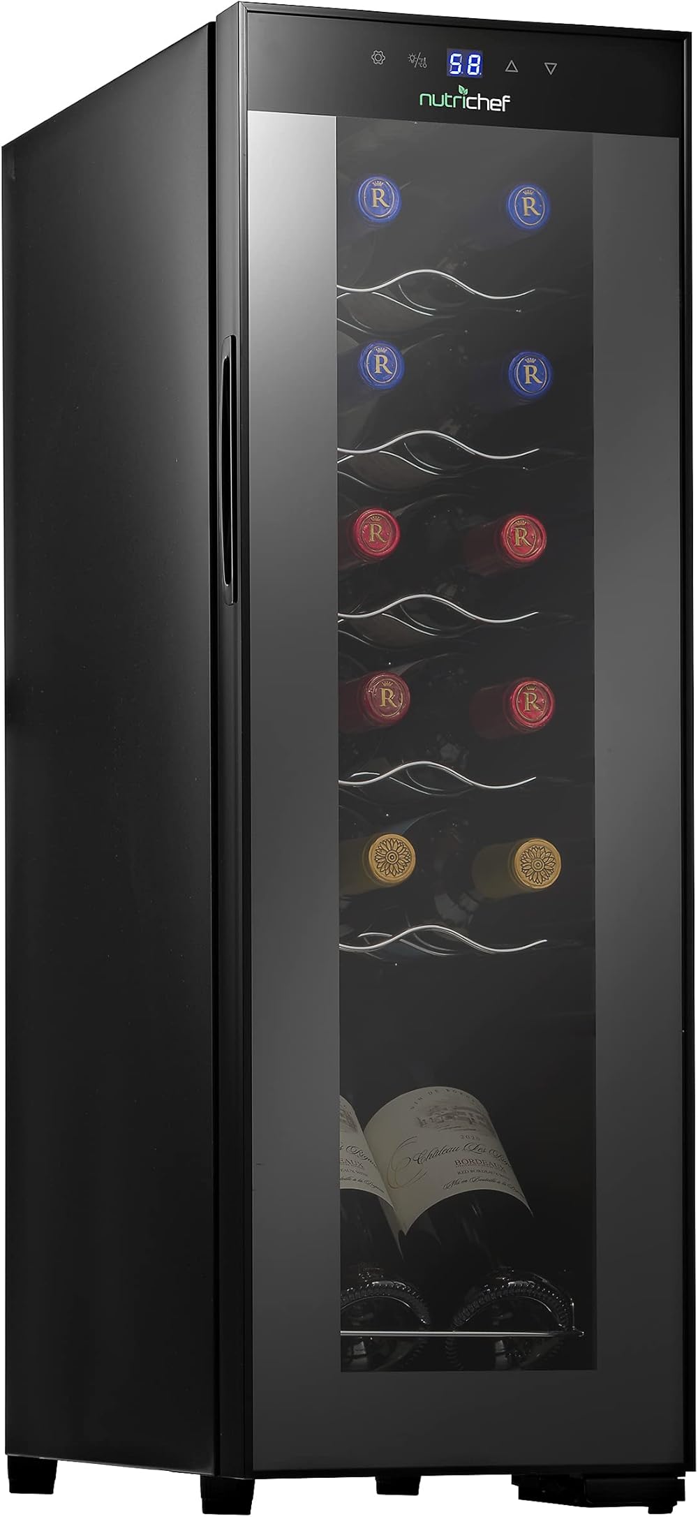 NutriChef PKCWC120 White & Red Cooler-Freestanding Countertop Compact Mini Wine Fridge Chiller 12 Bottle Capacity, Digital Control, Glass Door, Black