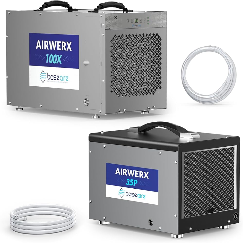 BaseAire Crawl Space/Basement Dehumidifier with Pump & Hose,220 pints+70 pints Auto Defrost Commercial Dehumidifier with Optional Remote for Water Damage Storage,5 Years Support