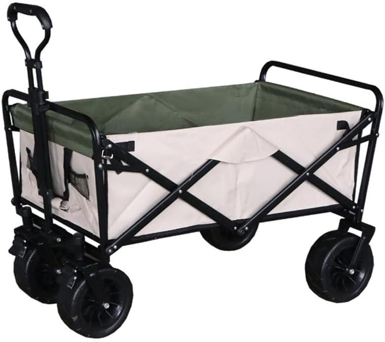 Handcart Folding Garden Heavy Duty Wagon Storage Trolleys Multi-Function Shopping Cart for Outdoor Adjustable Retractable Push Pull Rod with Padded Handle Camping Picnic Carts/Beige