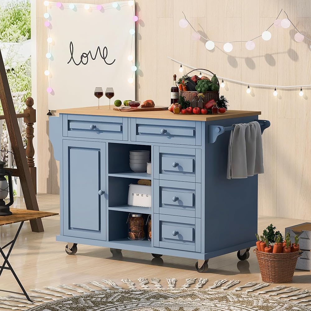 Kitchen Cart with Rubber Wood Top Storage Cabinet Rolling Mobile Kitchen Island On Wheels with 5 Drawer Open Shelves for Dining Room Blue