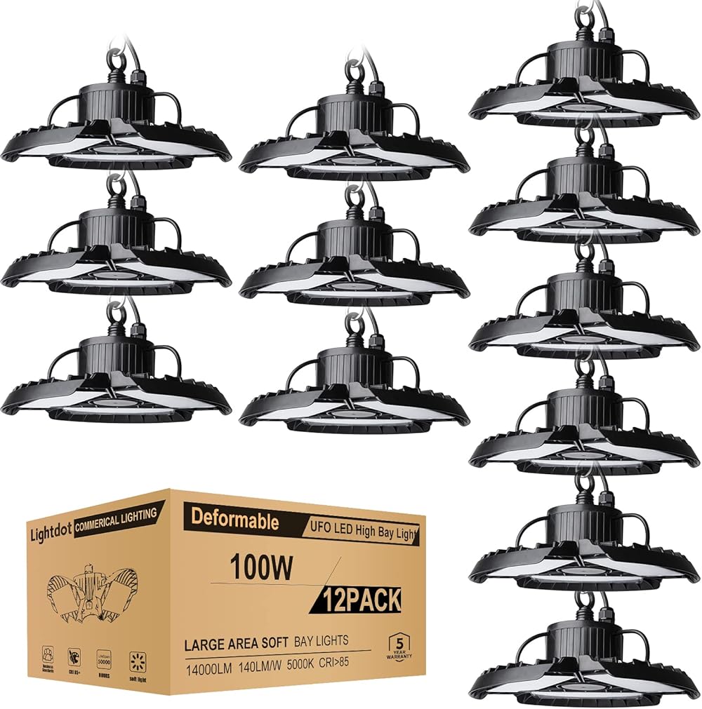 100W LED High Bay Light with 3 Adjustable Panels, 5000K 14000LM Super Bright Shop Lights, LED Commercial Bay Lighting with 5ft UL Cable Plug for Barn/Warehouse/Workshop-12 Pack