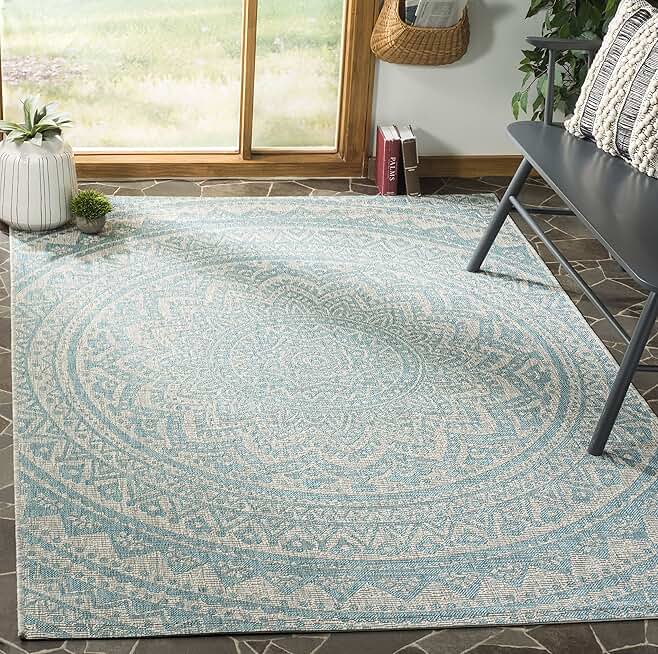 SAFAVIEH Courtyard Collection 9' Square Light Grey / Aqua CY8734 Indoor/ Outdoor Waterproof Easy Cleaning Patio Backyard Mudroom Area Rug