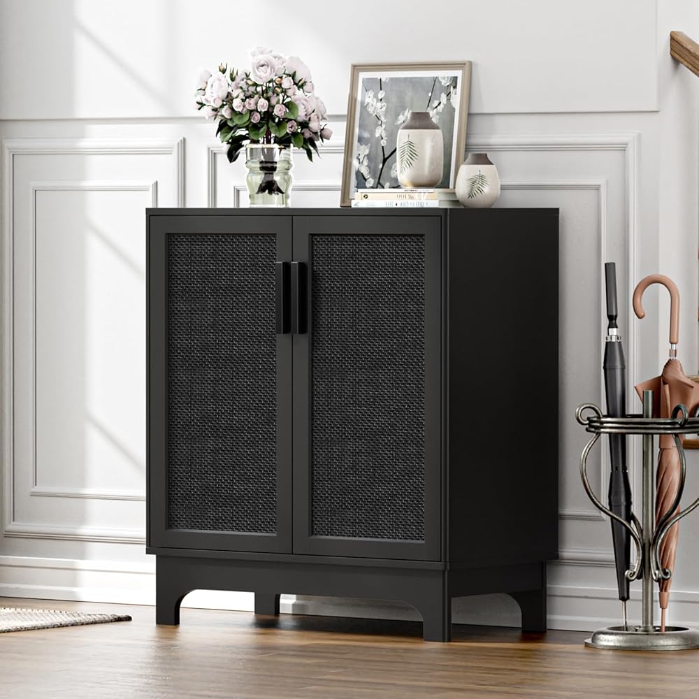 Anmytek Black Rattan Cabinet, Natural Rattan Storage Cabinet with 2 Doors Adjustable Shelf Large Space Entryway Hallway Cabinet Sideboard Buffet for Living Room Kitchen H0095