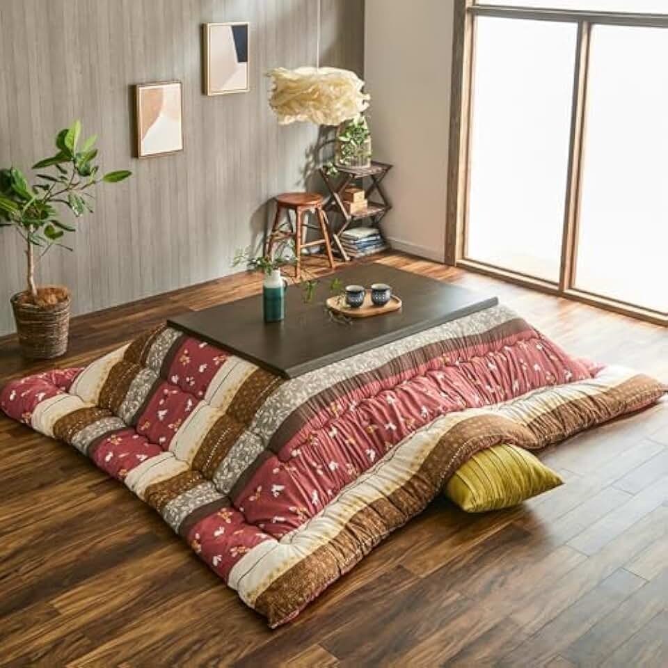 IKEHIKO Kotatsu Futon & Mat Set Comforter, Fluffy Premium Cotton, Pink Square Rectangle Shape Heater Blanket Table, Japanese Craftsman, Made in Japan 2378 (Futon:205×285cm & Mat:190×260cm)