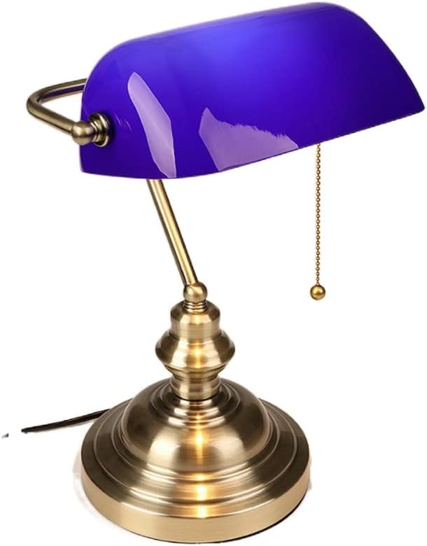 V-intage Desk Lamp/Table Light/Bedside Study Office Banker's Lamp with Blue/White/Orange Glass Shade, Bronze Base and Pull Switch,LED Desk Lamp (Color : Blue)