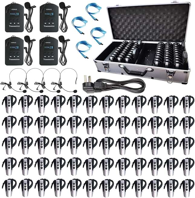 EXMAX® EXD-6824 Handfree 2.4G Wireless Tour Guide System Translation Equipment with 9999 Channels for Tour Guide, Interpreter, Coach, Trainee(4 Transmitters 60 Receivers & 64-slot Charging Case)
