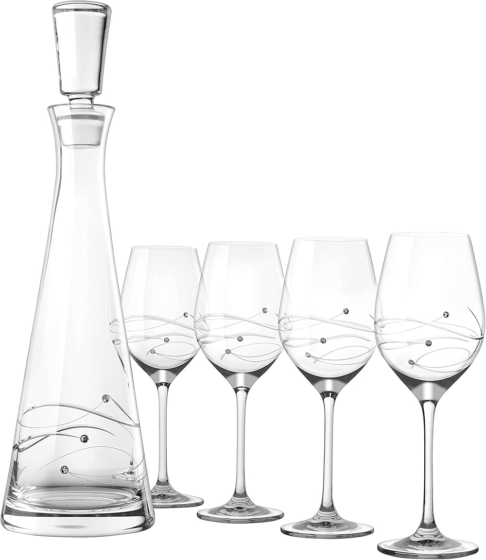 Barski - Set of 5 - Handmade Glass - Sparkle - 33 oz. Tall Wine Decanter with 4 White Wine 12.5 oz. Glasses - Decorated with Real Crystal Diamonds - Gift Boxed - Made in Europe