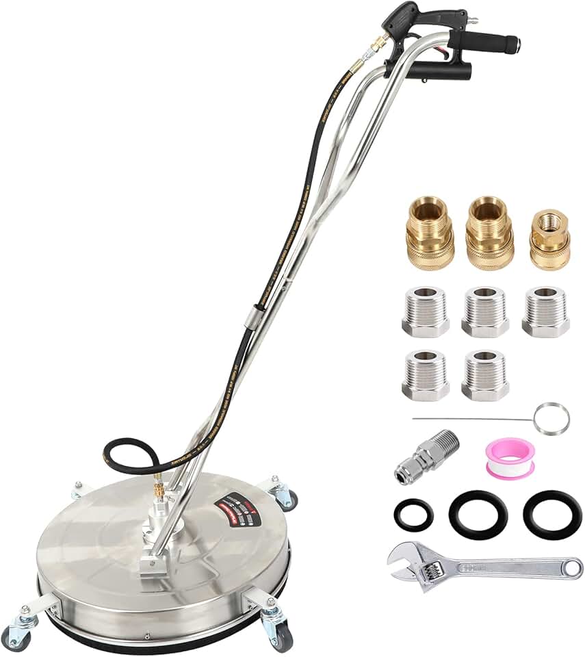 GCCSJ 24 Inch Pressure Washer Surface Cleaner, Stainless Steel,with 4 Spinner Wheels, Dual High Pressure Spray Guns, Replacement Adapters, Surface Cleaner for Pressure Washer, Runway, Mall, Patio
