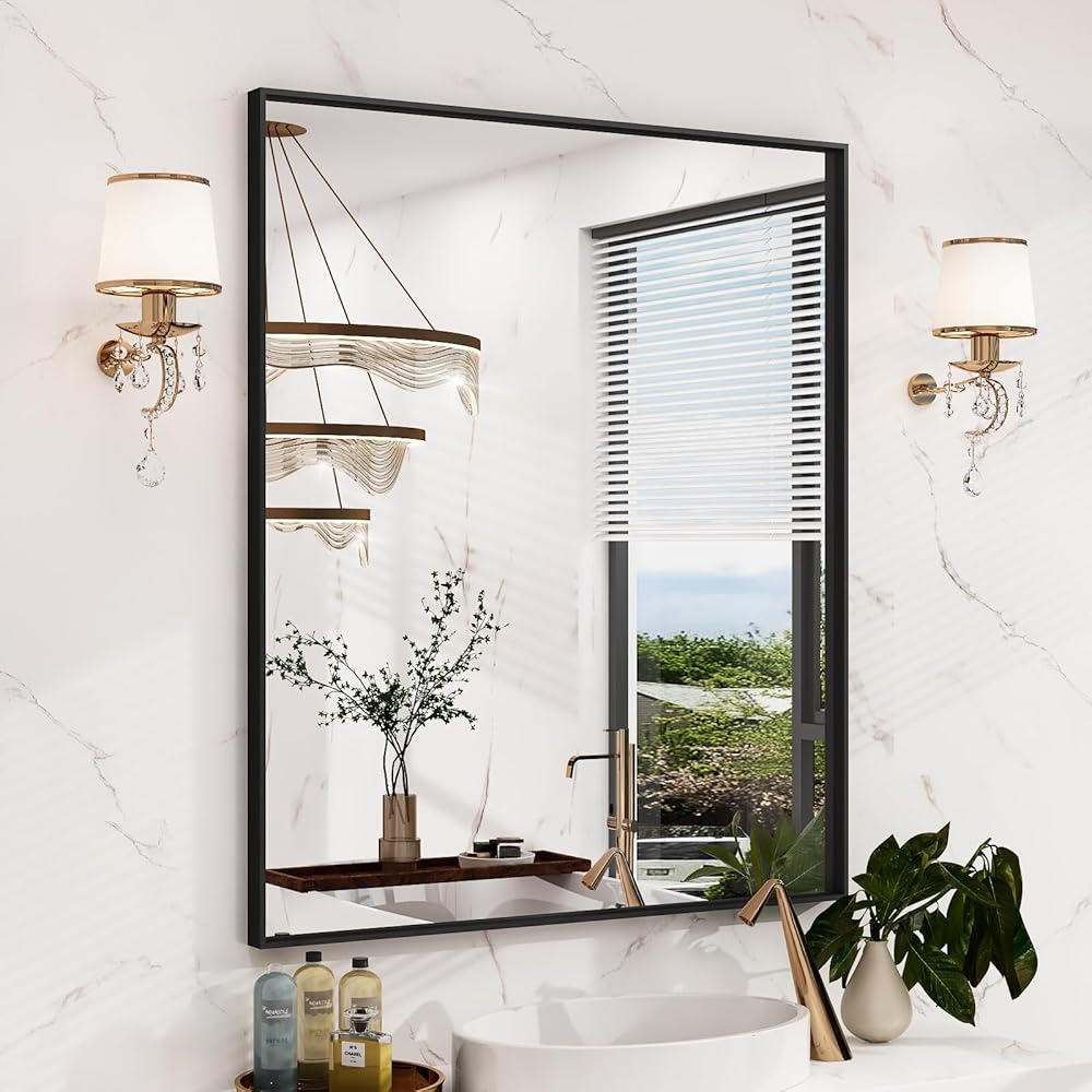 LUSABE 30x36 Inch Black Framed Bathroom Mirror, Vanity Mirror for Wall, Modern Rectangular Mirror for Farmhouse, Matte Black Aluminum Alloy Frame, Tempered Glass, Anti-Rust(Horizontal/Vertical)