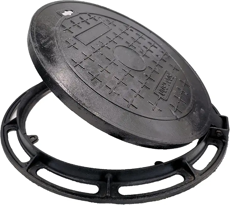 24” Cast Iron Manhole Cover and Frame, Black Septic Tank Lid with Base, Round Sewage Basin Cover, Heavy Duty Flat Cover/Lid for Corrugated Pipe or Riser (True Diameter 23.6 in)