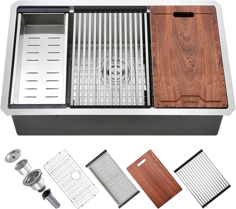 33 Inch Undermount Kitchen Sink - 33x19x10 Inch Workstation Sink Undermount 16 Gauge Stainless Steel Single Bowl Large Deep Sink with Cutting Board