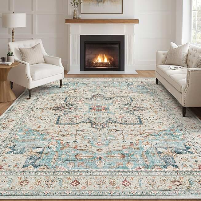 Area Rug Living Room Rugs - 10x14 Washable Boho Rug Vintage Oriental Distressed Farmhouse Large Thin Indoor Carpet for Living Room Bedroom Under Dining Table Home Office - Aqua Multi