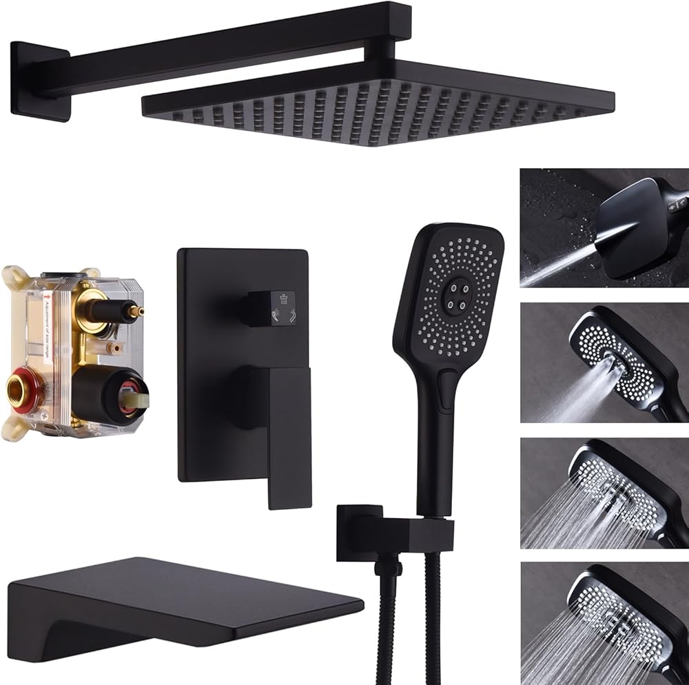 Shower System with Tub Spout 10 Inch Overhead Shower 4 Setting Handheld Spray Rough In Pressure Balance Valve Body with Trim Kit Wall Mounted Rainfall Bathtub Shower Faucet Set (Matte Black)