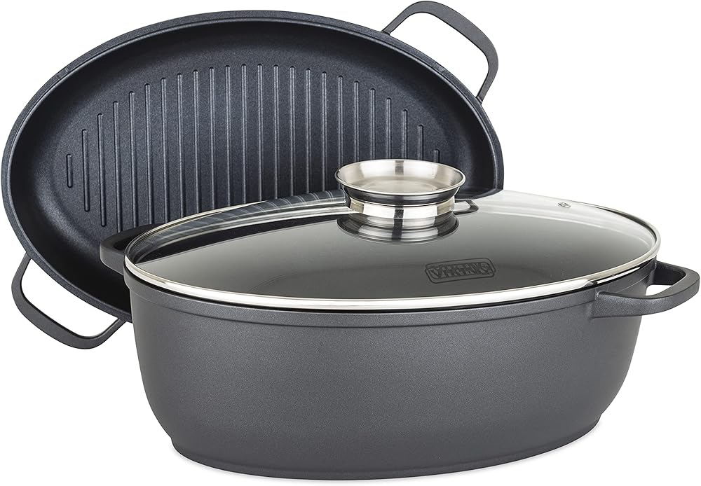 Viking Culinary 3-in-1 8.6 Qt Die Cast Oval Roaster with Glass Basting Lid, Gray