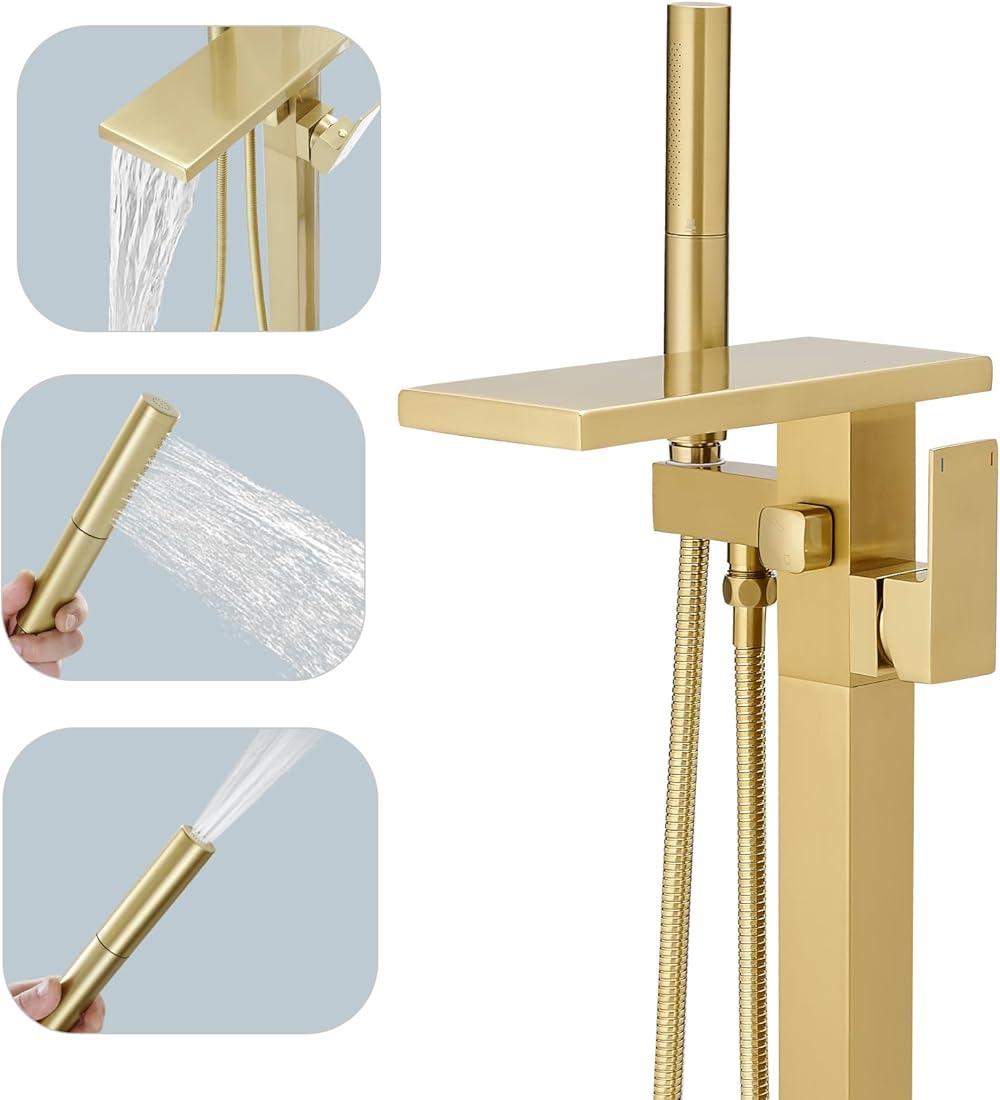 Hoimpro Freestanding Bathtub Faucet Waterfall Tub Filler Brushed Gold Floor Mount Brass Single Handle Bathroom Tub Faucets with 2 Function Hand Shower Wand