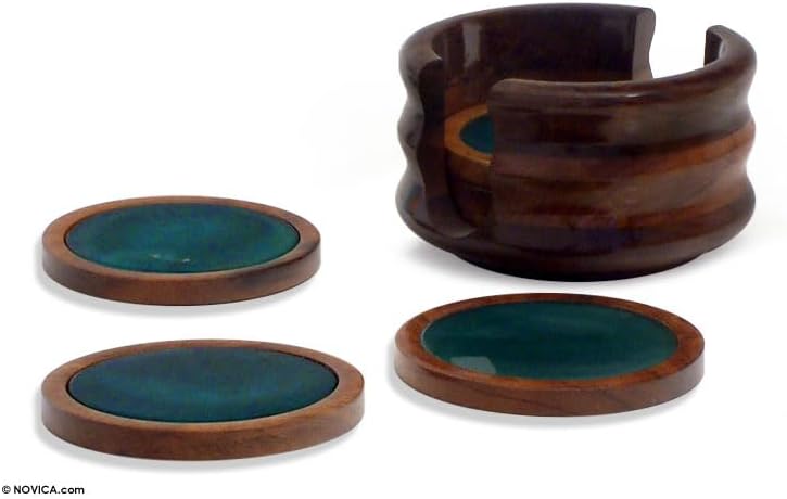 NOVICA Artisan Handmade Green Agate Cedar Coasters Brazilian Stone Set of 6 Woodstone Tableware Barware Gemstone [ 0.4in H x 3.7in Diam. Standbase 3in H x 4.7in Diam.] ' Rainforest' Set of 6