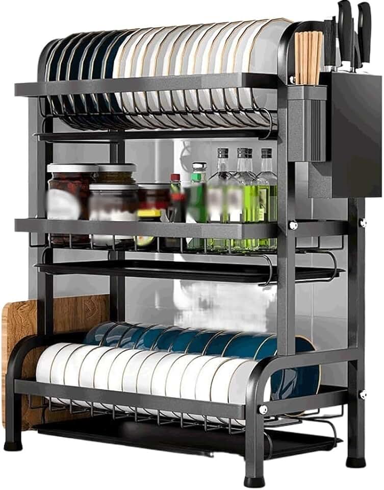 Dish Kitchen Counter Dish Organizer Rack with Drainboard and Utensil Holders Dish Drainer Set