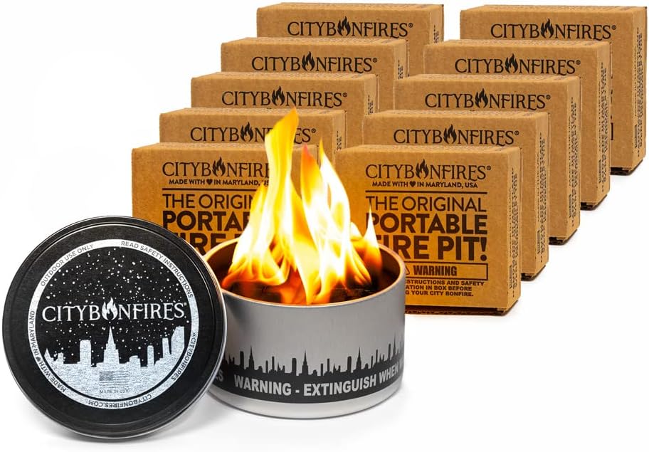 City Bonfires Portable Fire Pit - Mini Fire Pit, Table Top Firepit, No Wood, No Embers, 3-5 Hours of Burn Time - Food Safe for Smores - Lightweight, Emergency Heat, Camping Stove (10-Pack)