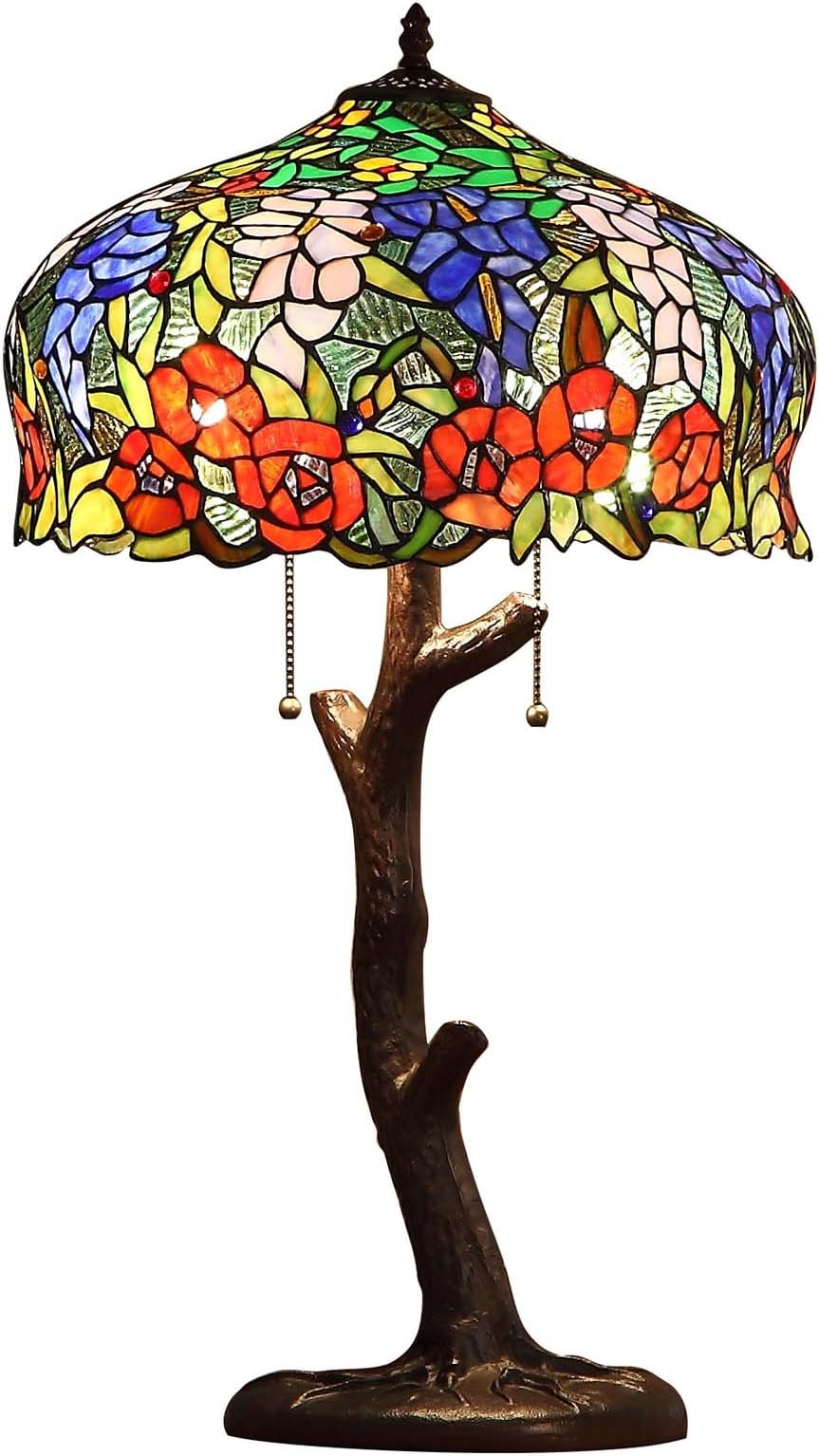 Bieye L10523 Wisteria Flower Tiffany Style Stained Glass Table Lamp with Tree Trunk Base for Home Decor, 16