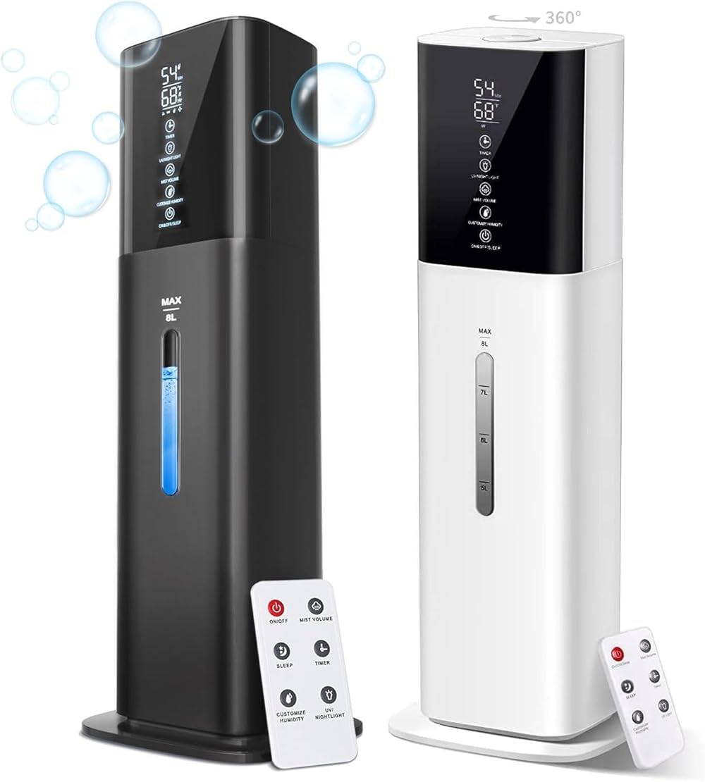 Humidifiers for Bedroom, 2.11Gal 8L Quiet Humidifiers for Large Room with Timer, 360°Nozzle, 3 Speed Ultrasonic Cool Mist Humidifier with Humidistat for Baby Home Adults Plants