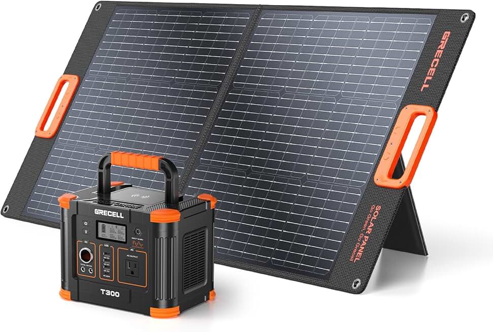GRECELL 288Wh Portable Power Station and 100W Portable Solar Panel with 330W AC Outlet, Solar Mobile Lithium Battery Pack for Outdoor RV/Van Camping, 60W PD Output