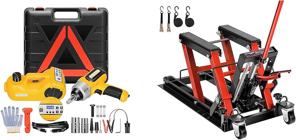 VIVOHOME 4 in 1 Hydraulic Electric Car Jack 5 Ton 12V with Digital Display with VIVOHOME Hydraulic Motorcycle Lift Jack 1500 LBS Capacity Steel ATV Lifts