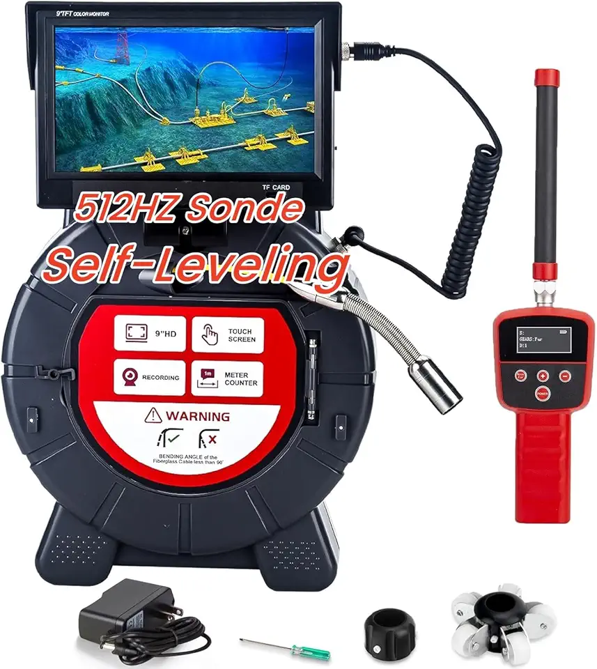 Sewer Camera with Locator,9inch 1080P HD Screen,Sewer Inspection Camera with 512Hz Transmitter and Receiver,16GB DVR Drain Snake Camera Self-Leveling (512hz-Self-leveling-Receiver, 30M/100ft)