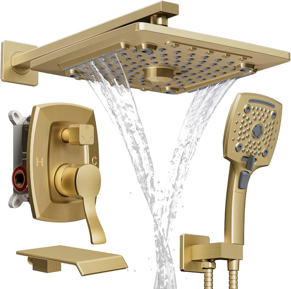 ELLO&ALLO Bathroom Shower Faucet Set Mixing Valve and Trim Kit, Complete Shower System with Tub Spout, Brushed Gold