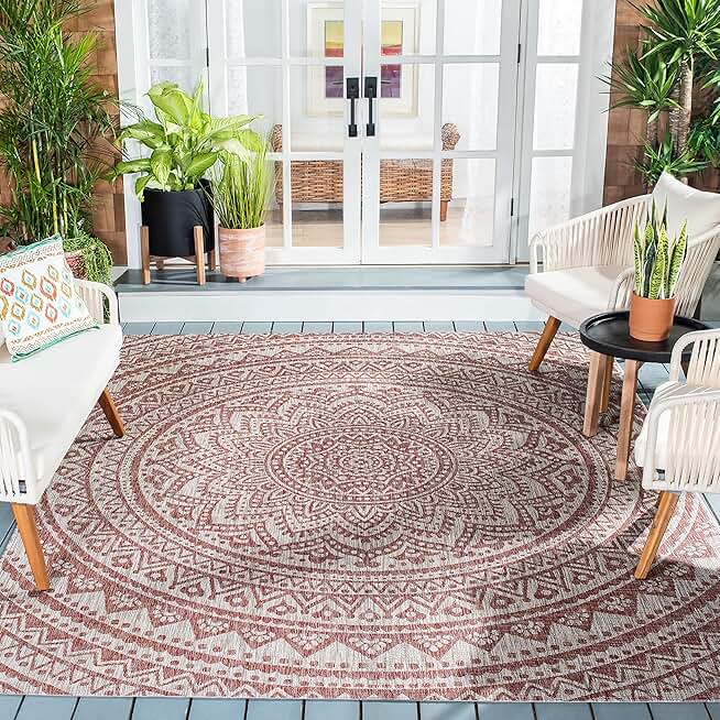 SAFAVIEH Courtyard Collection 9' Square Light Beige/Terracotta CY8734 Indoor/ Outdoor Waterproof Easy Cleaning Patio Backyard Mudroom Area Rug
