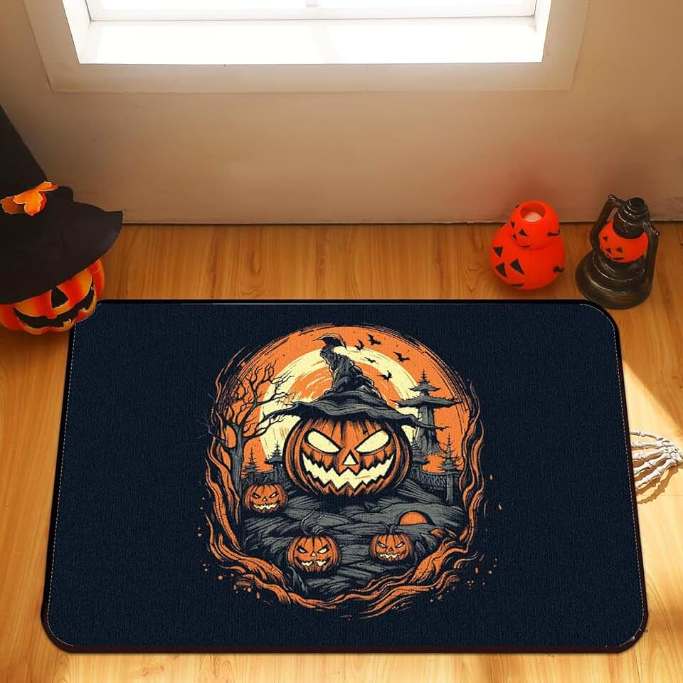 Halloween Bath Mat Non-Slip, Bathroom Rugs Bone Skeleton Thick Washable Mat for Shower, Tub, Sink - Household Essentials Decor, Black Orange,8x10ft/96x120in/240x305cm