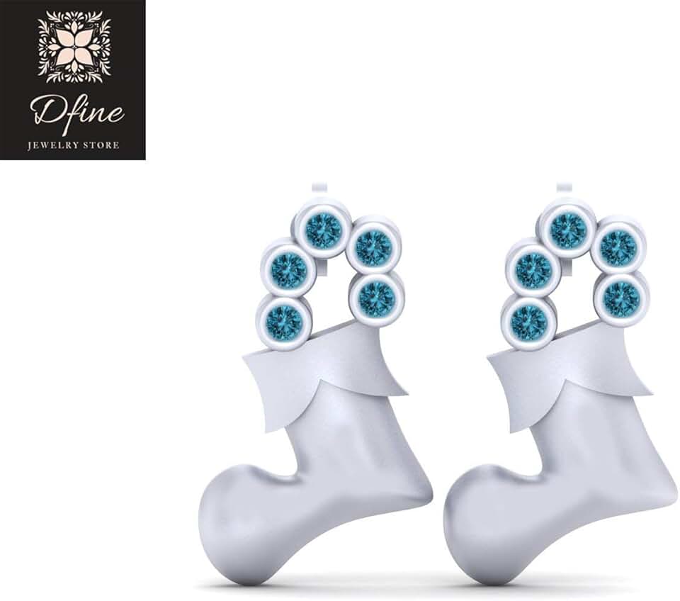 Aqua Diamond Christmas Socks Earrings Hanging Stocking Xmas Jewelry Solid 10k White Gold