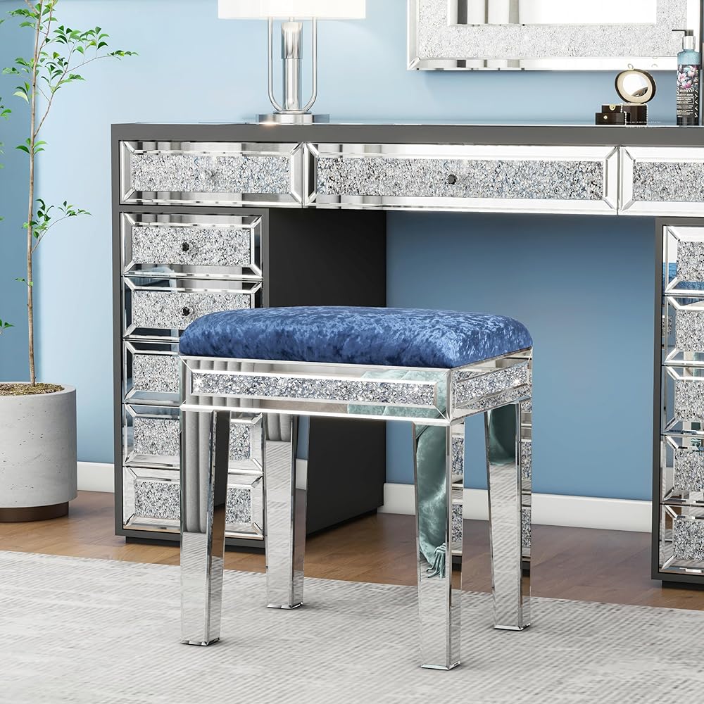 Mirrored Vanity Stool with Crushed Diamond Inlay Velvet Cushion 19.7'' Tall Stylish Makeup Chair for Bedroom, Vanity Chair, Ottoman for Living Room,Blue