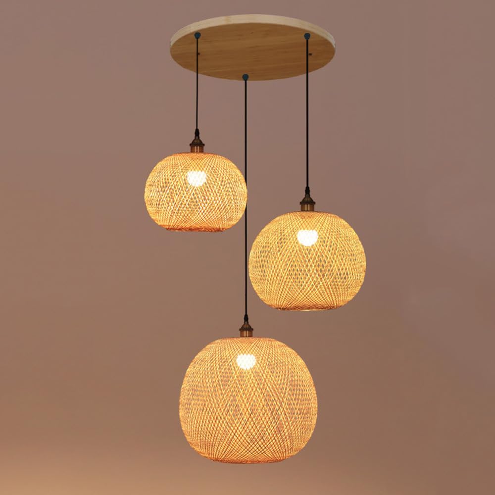 3 Light Wicker Rattan Pendant Light Fixture Sphere Wicker Cluster Pendant Light Stairwell Natural Bamboo Chandelier Farmhouse Round Linear Chandelier for Dining Room Kitchen Island Foyer