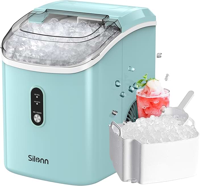 Nugget Ice Maker Countertop - Silonn Pebble Ice Maker Machine with Self-Cleaning Function, 33lbs/24H, Ice Makers for Home/Kitchen/Office, Green