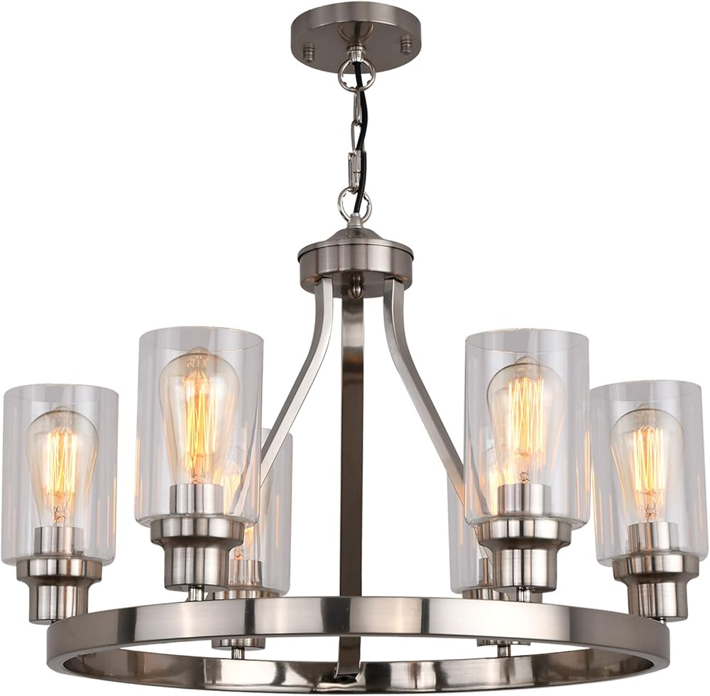 Dining Room Lighting Fixtures Hanging Brushed Nickel Kitchen Modern Chandelier Over Tables 6 Light with Glass Pendant Light for Dining Room Living Bedroom