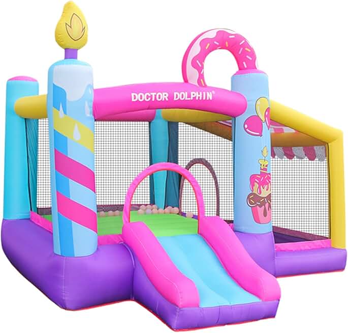 Doctor Dolphin Bounce House Inflatable Bouncy Castle with Blower for Toddlers Outdoor or Indoor Pink Bouncer House Jumping House Castle with Slide Dount Theme